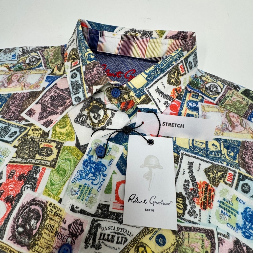 NWT Robert Graham The Heist Currency Money Print Stretch Button Up Shirt SMALL
